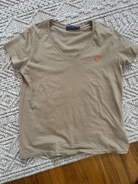 Polo by Ralph Lauren V-Neck Short Sleeve Tee in Tan with Orange Pony